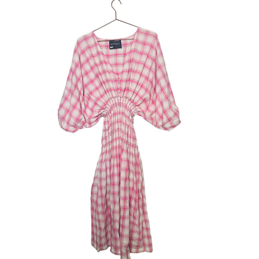 NICHOLAS Pink White Gingham Woven V-Neck Smoked Panel Dress Size US 18 - Picture 4 of 16